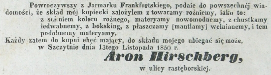 Ogłoszenie Arona Hirschberga. Ortelsburger Kreisblatt